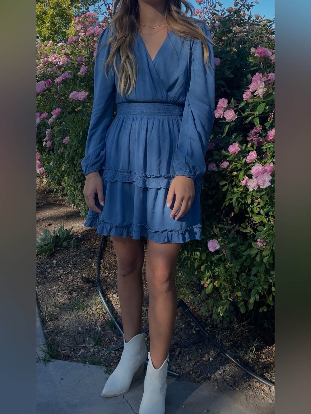 Altar'd State Dusty Blue Ruffled Long-Sleeve Dress